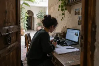 Podcast editor comparing recorded audio with transcript pages in a naturally lit riad workspace