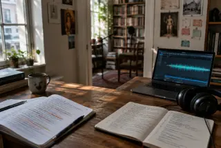 Editor weighing precise search notes against spontaneous listening ideas in a softly lit cultural podcast workspace.