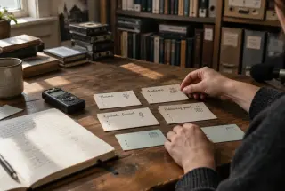 Hands organizing podcast research notes beside an audio recorder in a softly lit cultural archive.